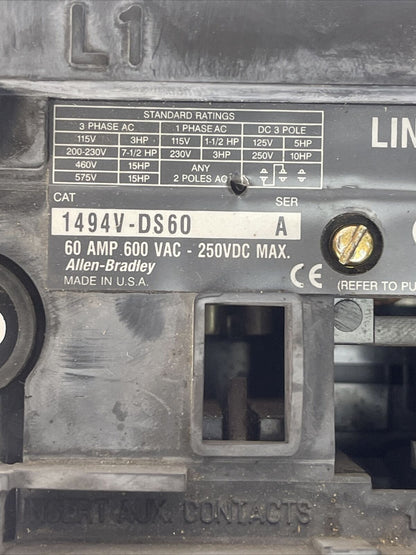 ALLEN BRADLEY 1494V-DS60 DISCONNECT SWITCH 60A 600VAC 250VDC 50HP FRS-R-60 FUSES