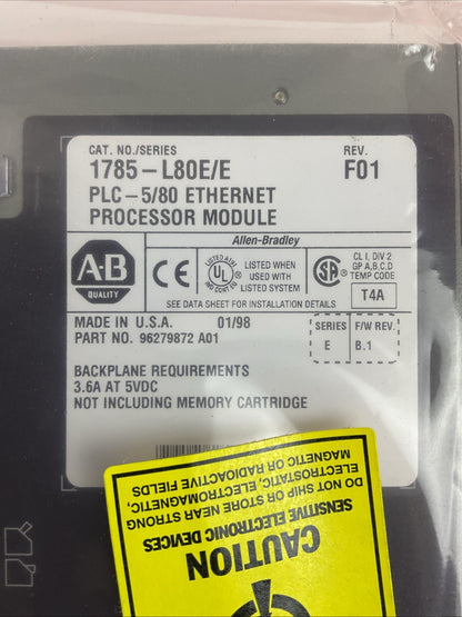 ALLEN BRADLEY 1785-L80E SER E REV F01 F/W REV B.1 PLC 5/80 ETHERNET PROCESSOR