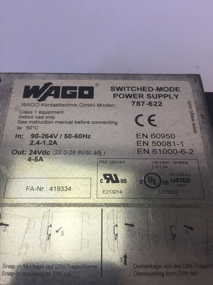 WAGO 787-622 SWITCHED-MODE POWER SUPPLY INPUT 90-264V OUTPUT 24VDC 4-5A