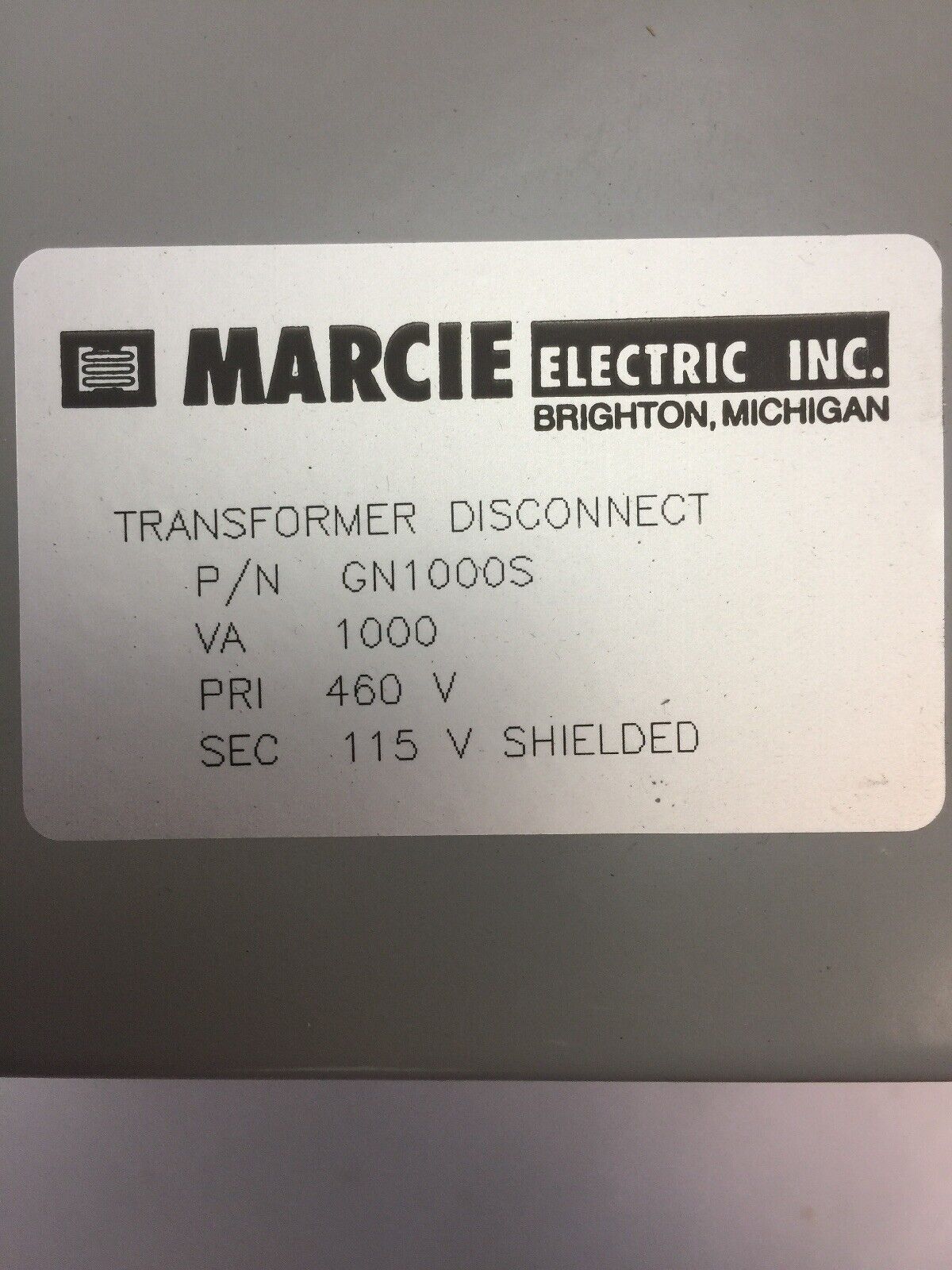 MARCIE GN1000S TRANSFORMER DISCONNECT 1000 VA 460V PRI 115V SEC SHIELDED