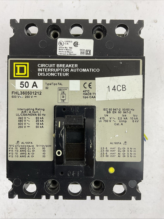 SQUARE D FAL360501212 50A 600VAC 250VDC 3POLE CIRCUIT BREAKER