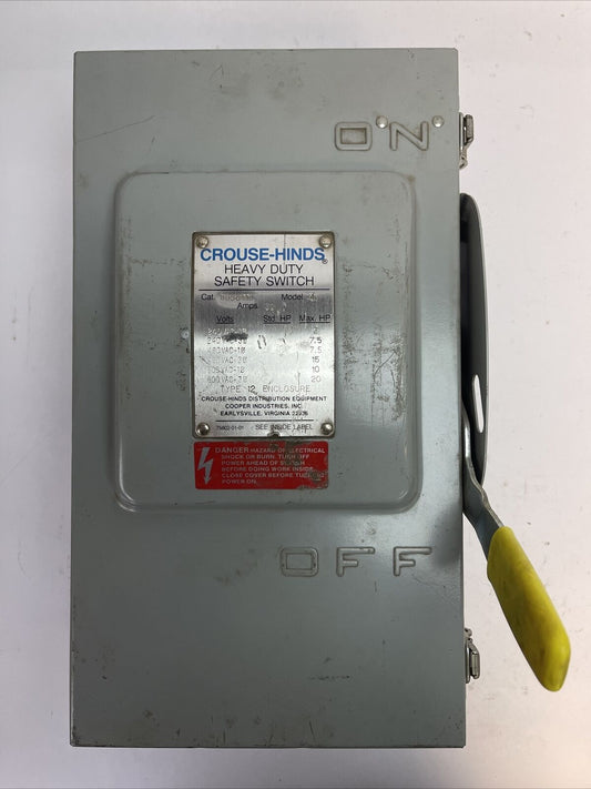 CROUSE-HINDS HU361AJ SAFETY SWITCH 30 AMPS 600 VAC 3 POLE NO NEUTRAL NO FUSES