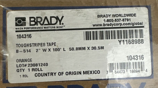 BRADY B-514 2" X 100' 50.8MM X 30.5M ORANGE TOUGH STRIPE TAPE