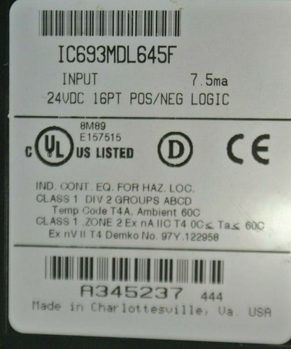 GE FANUC IC693MDL645F INPUT MODULE 24VDC 16PT POS/NEG LOGIC 7.5mA/Pt. - NO COVER