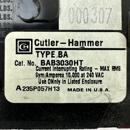 CUTLER HAMMER / WESTINGHOUSE BAB3030HT CIRCUIT BREAKER 3POLE 30AMP 240VAC