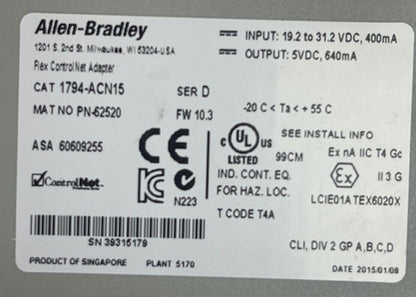 ALLEN BRADLEY 1794-ACN15 SER D FW 10.3 FLEX CONTROLNET ADAPTOR OUTPUT 5VDC