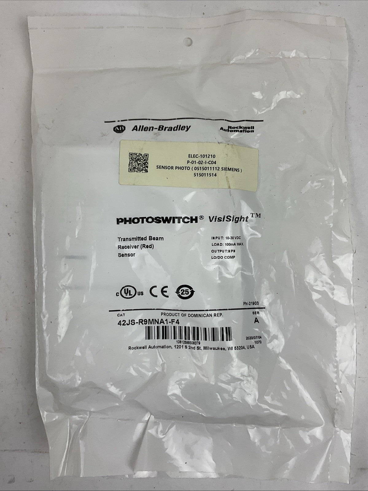 ALLEN BRADLEY 42JS-R9MNA1-F4 SER A TRANSMITTED BEAM RECEIVER RED SENSOR 10-30VDC