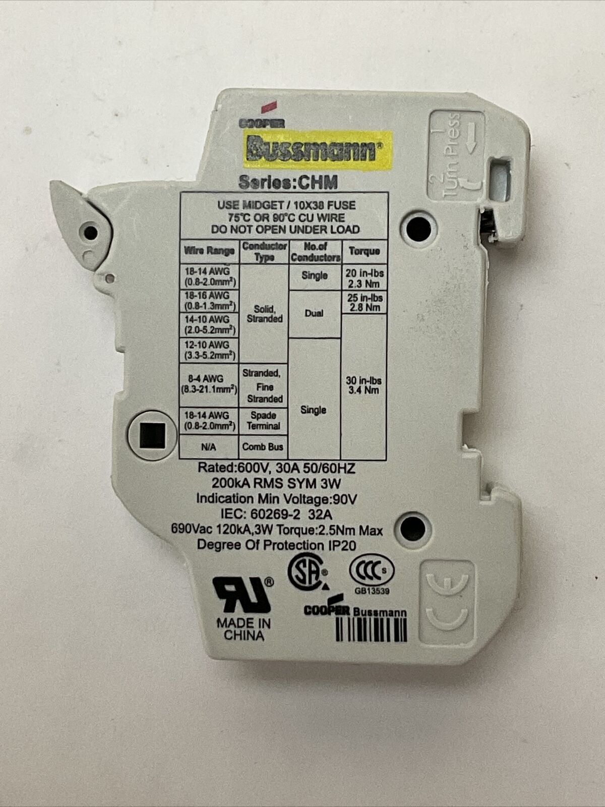 BUSSMANN SERIES CHM FUSE HOLDER 600C 30A 50/60HZ 200kA USE MIDGET 10 X 38 FUSE