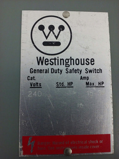 WESTINGHOUSE GUN322 60A, 240V, 3PH, NON FUSIBLE, TYPE 1 INDOOR ENCLOSURE, NEW