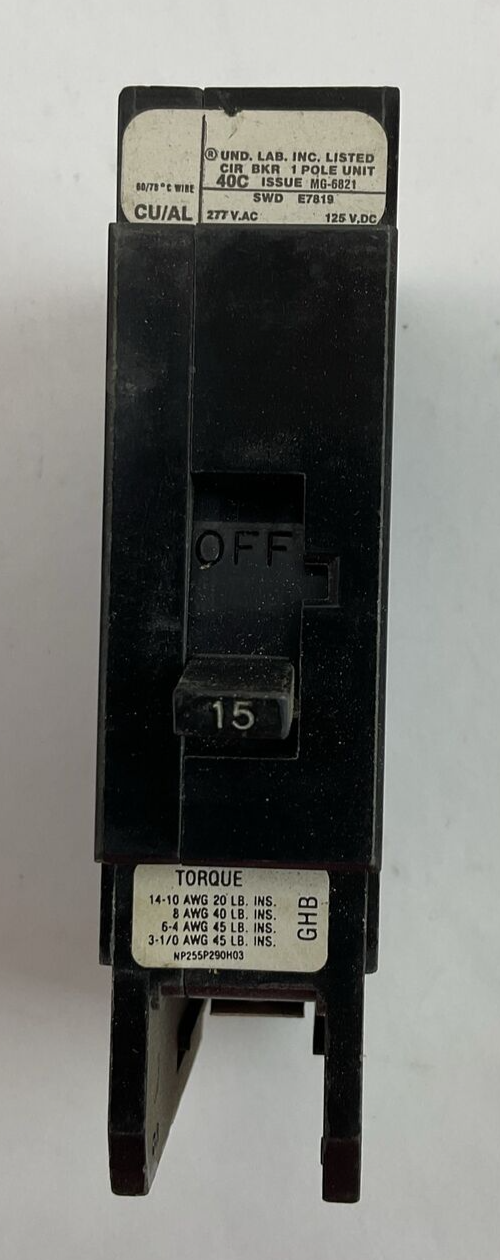 WESTINGHOUSE GHB1015 CIRCUIT BREAKER 1POLE 15AMP 277VAC 125VDC
