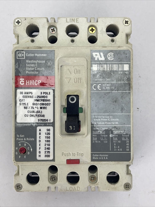 WESTINGHOUSE HMCP030H1 MOTOR CIRCUIT PROTECTOR 30AMP 3P 600VAC 250VDC 6601C86G07