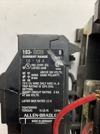 ALLEN BRADLEY REVERSING STARTER (100-A09ND3 COIL 120V + 193-BSB 16 1.0-1.6A)