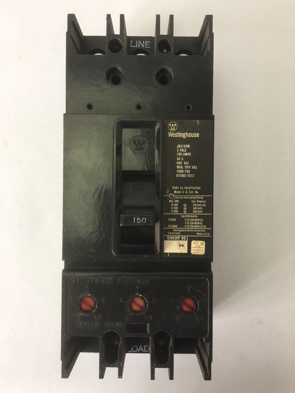 WESTINGHOUSE JB3150W CIRCUIT BREAKER 150A 600VAC 3POLE MAG TRIP ADJ 1500-750AMP