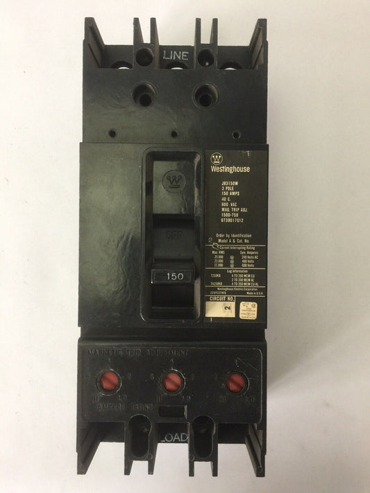 WESTINGHOUSE JB3150W CIRCUIT BREAKER 150A 600VAC 3POLE MAG TRIP ADJ 1500-750AMP