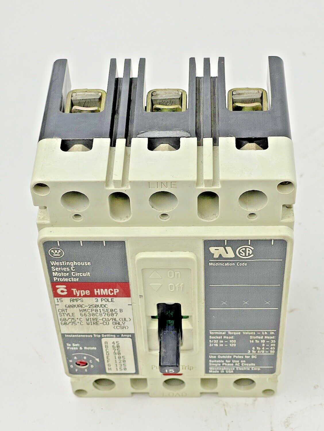 WESTINGHOUSE - HMCP015E0C B -SER. C- MOTOR CIRCUIT PROTECTOR - 15A/3POLE/600VAC