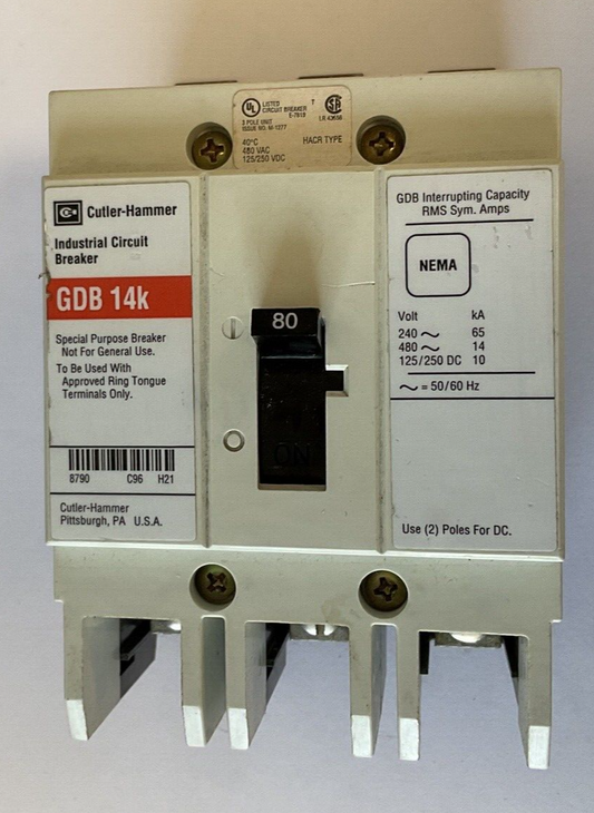 WESTINGHOUSE GDB 14K CIRCUIT BREAKER 80A 480VAC 3POLE 50/60HZ