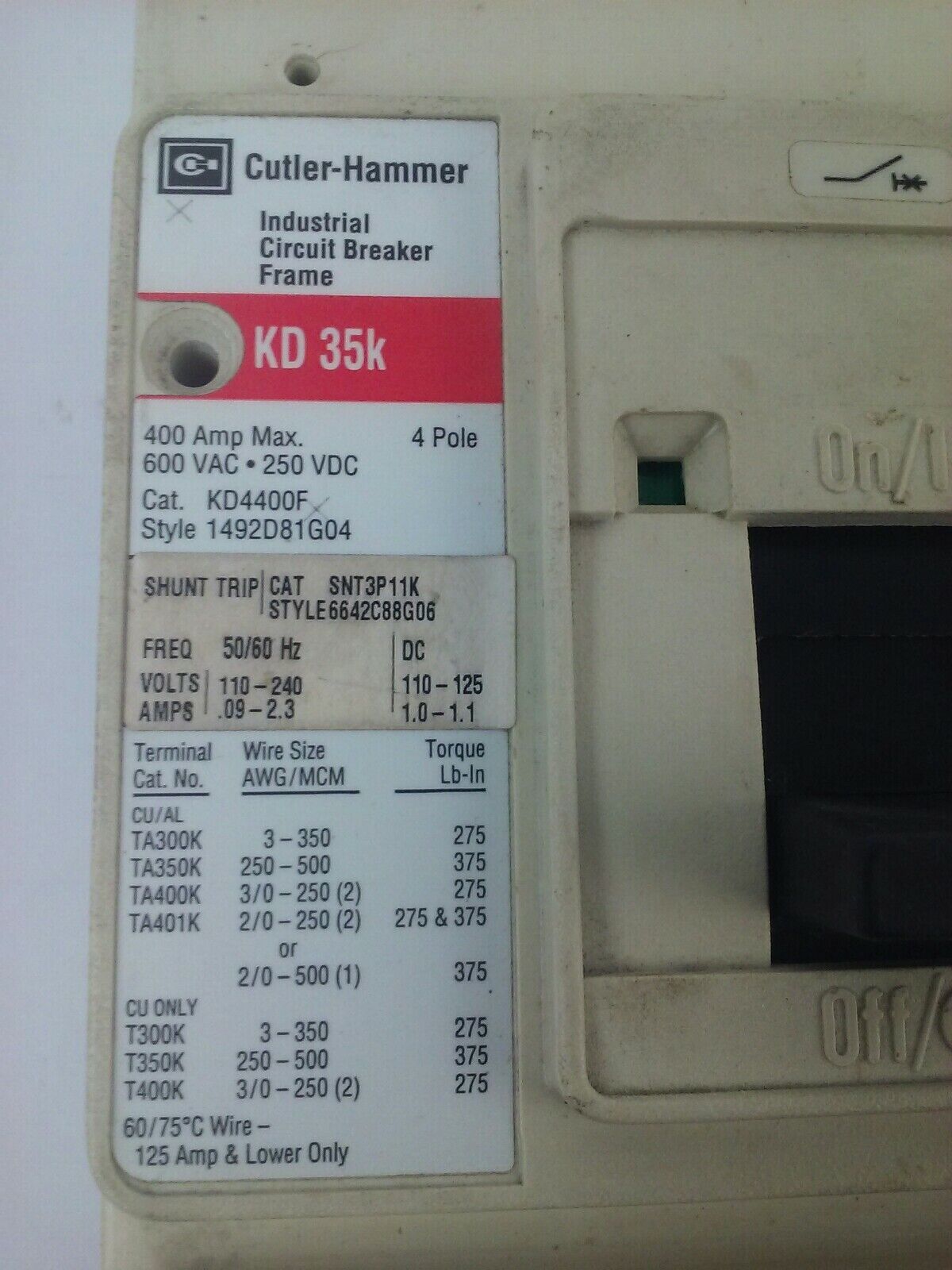 CUTLER HAMMER CIRCUIT BREAKER KD4400F 400A 4P 600V,300A TRIP KT3300T, SNT3P11K