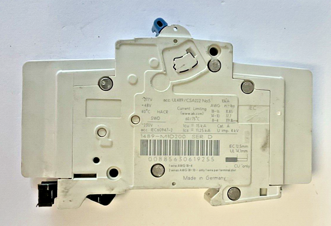 ALLEN-BRADLEY 1489-M1D200 CIRCUIT BREAKER 20A 10KA SER.D 277VAC 50/60HZ