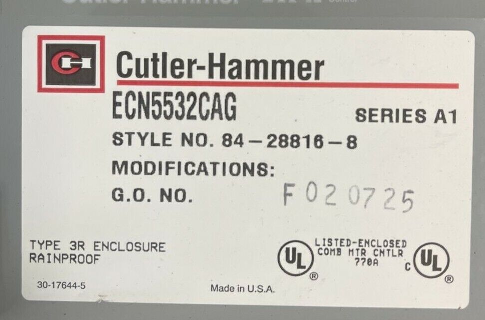 CUTLER HAMMER ECN5532CAG SIZE 3 COMBINATION STARTER SER A1 TYPE 3R RAINPROOF