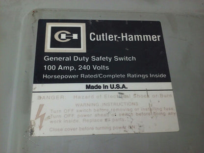 CUTLER HAMMER DG223NRB FUSIBLE SAFETY SWITCH 3P 100A 240V 30HP TYPE 3R ENCLOSURE