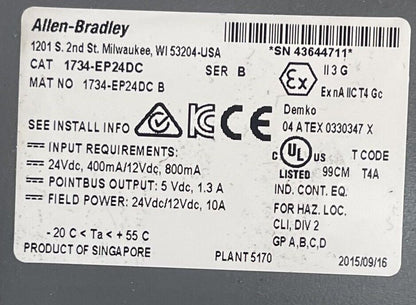ALLEN BRADLEY 1734-EP24DC EXPANSION POWER UNIT SER B 1734-RTB SER A REV A01