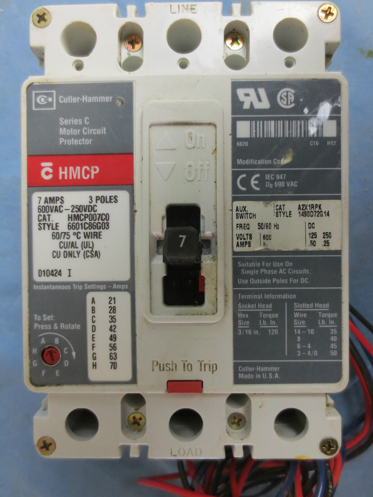 CUTLER-HAMMER HMCP007C0 SERIES C MOTOR CIRCUIT PROTECTOR / CIRCUIT BREAKER 7A