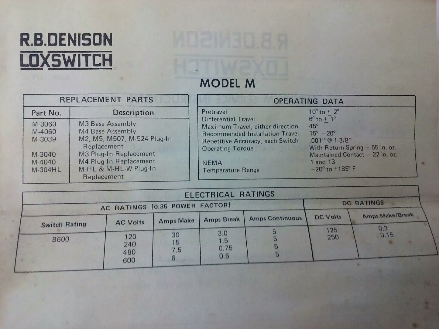 R.B.DENISON M4 SERIES D PRECISON LIMIT SWITCH, NEMA B600, 600V, 30A, MODEL M