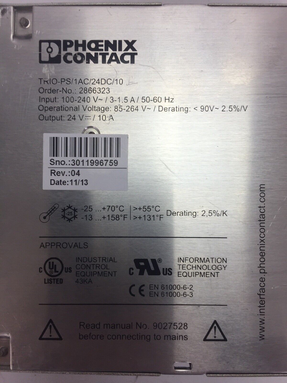 PHOENIX CONTACT TRIO-PS/1AC/24DC/10 POWER SUPPLY OUTPUT 24VDC 10A