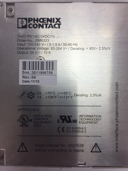 PHOENIX CONTACT TRIO-PS/1AC/24DC/10 POWER SUPPLY OUTPUT 24VDC 10A
