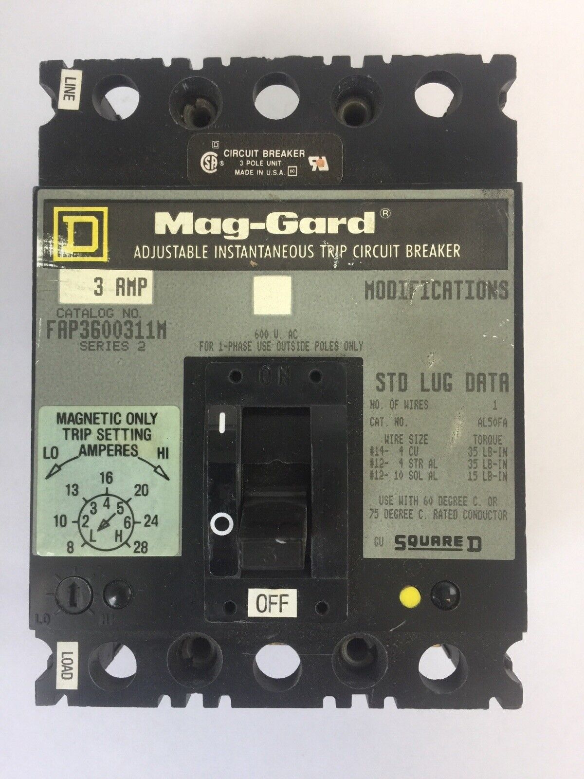 SQUARE D FAP3600311M CIRCUIT BREAKER SER 2 600VAC 3AMP 3POLE