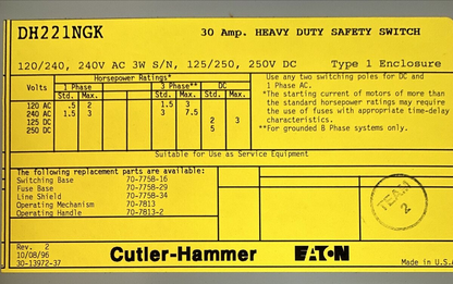 CUTLER HAMMER DH221NGK FUSIBLE SAFETY SWITCH 240VAC 3PH 7.5HP 250VDC 5HP 2P 30A