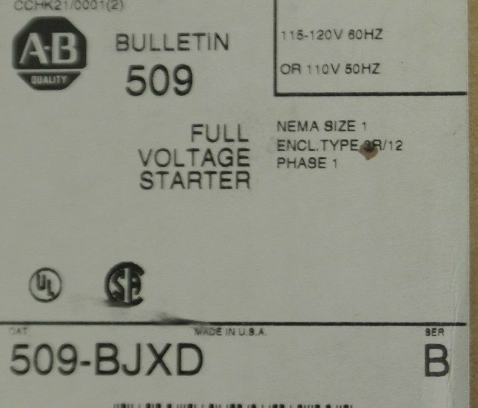 ALLEN-BRADLEY 509-BJXD FULL VOLTAGE STARTER / 110-120V / 509-B0XD / NEW SURPLUS
