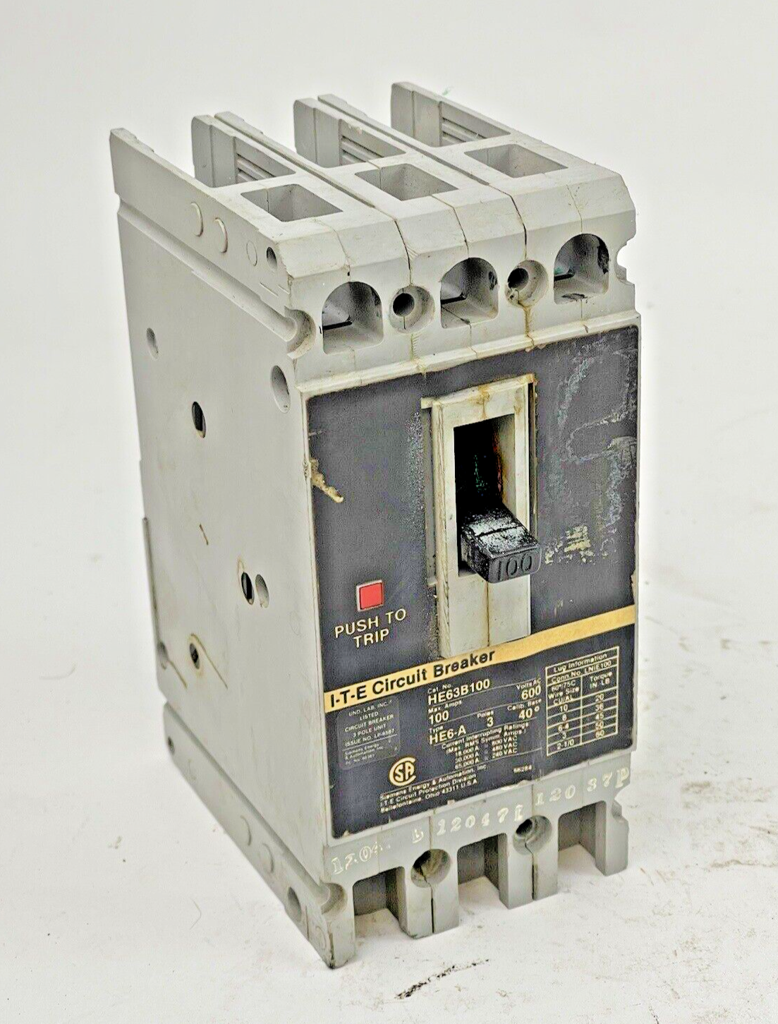 SIEMENS - HE63B100 - CIRCUIT BREAKER - 100 A, 600 VAC, 3 POLE - TYPE HE