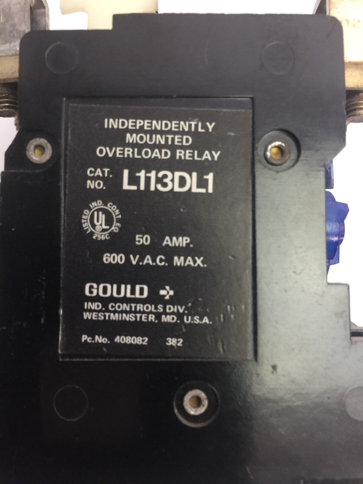 GOULD L113DL1 INDEPENDENTLY MOUNTED OVERLOAD RELAY 50AMP 600VAC NO HEATERS