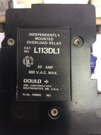 GOULD L113DL1 INDEPENDENTLY MOUNTED OVERLOAD RELAY 50AMP 600VAC NO HEATERS