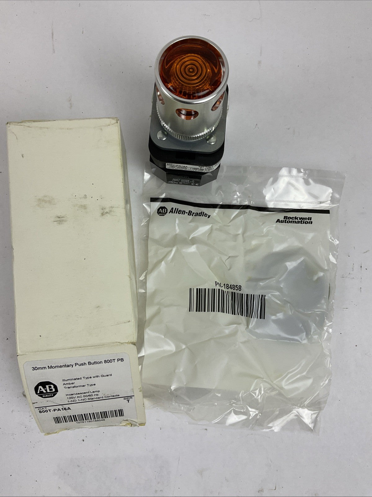 ALLEN BRADLEY 800T-PA16A SER T 120VAC ILLUMINATED TYPE W/GUARD AMBER PUSHBUTTON