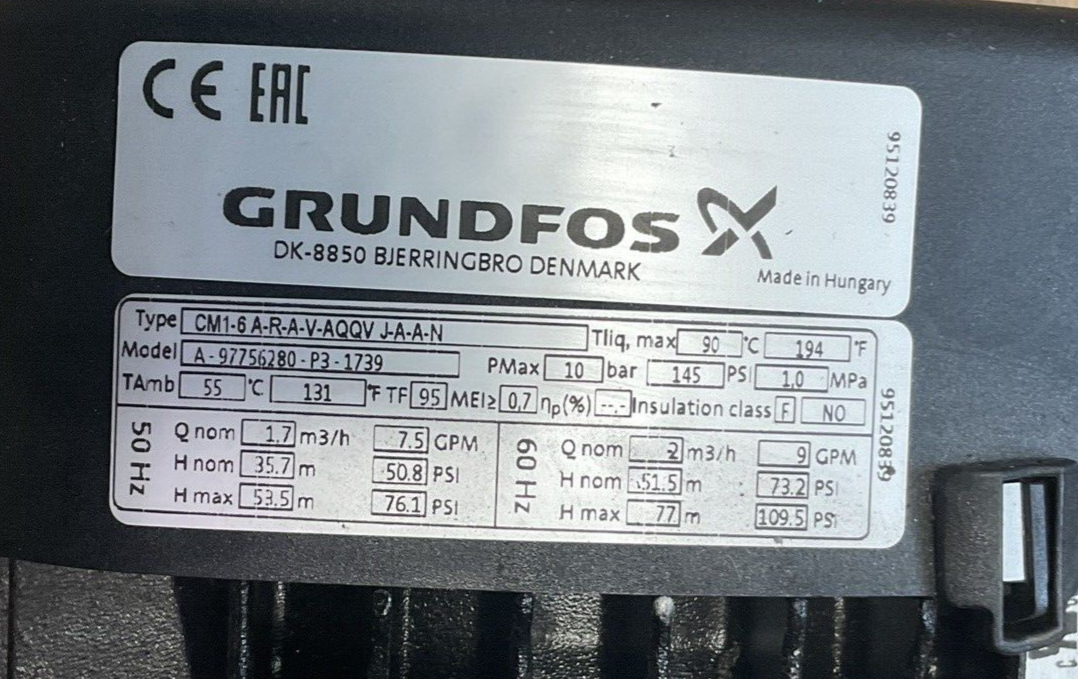 GRUNDFOS CM1-6 A-R-A-V-AQQV J-A-A-N PUMP A-97756280-P3-1739 50HZ