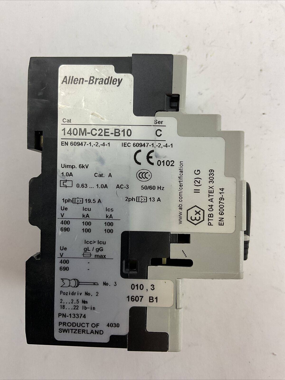 ALLEN BRADLEY 140M-C2E-B10 MOTOR PROTECTOR SER C 0.63-1.0A 140M-C-A SER A 600VAC