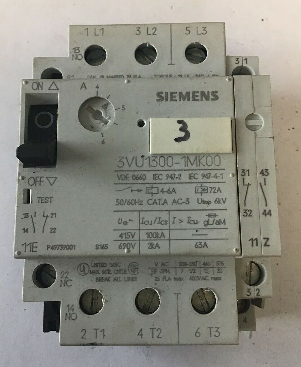 SIEMENS 3VU1300-1MK00 STARTER MOTOR PROTECTOR 600VAC CAT.A ***LOTOF2***