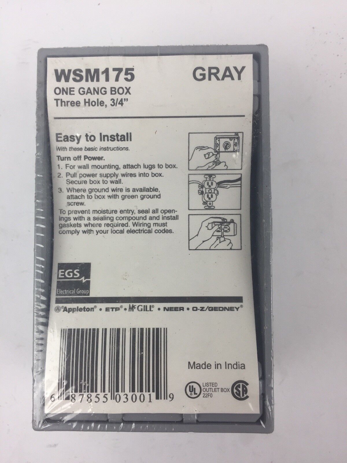 EGS WSM175 ONE GANG BOX THREE HOLE 3/4"