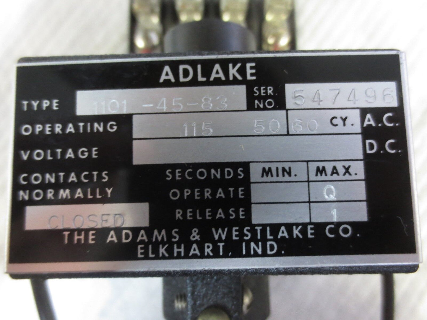 ADAMS & WESTLAKE / ADLAKE 1101-45-83 TIMING RELAY, 1-SECOND, N.C. NEW SURPLUS