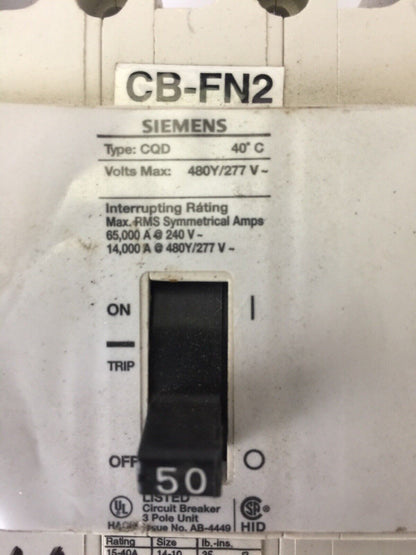 SIEMENS CQD350 CIRCUIT BREAKER 50 AMP 480Y/277 VAC 3 POLE