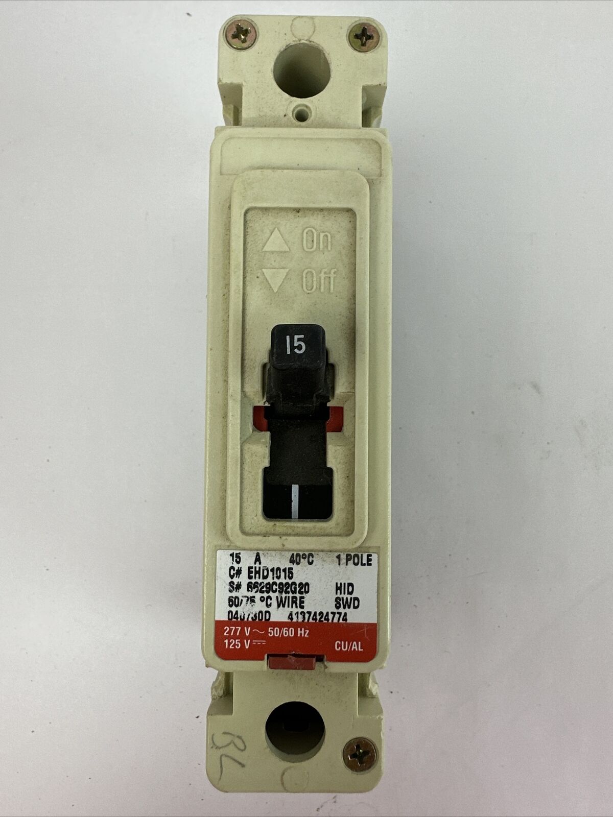 CUTLER HAMMER EHD1015 15AMP 1POLE 277VAC 125VDC INDUSTRIAL CIRCUIT BREAKER