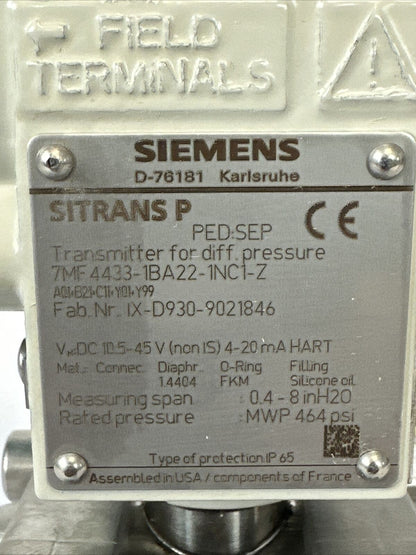 SIEMENS 7MF4433-1BA22-1NC1-Z SITRANS P TRANSMITTER