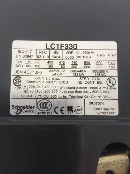 TELEMECANIQUE LC1F330 CONTACTOR 600VAC 250HP 370A LX1FH1102 110-115V 40-400HZ