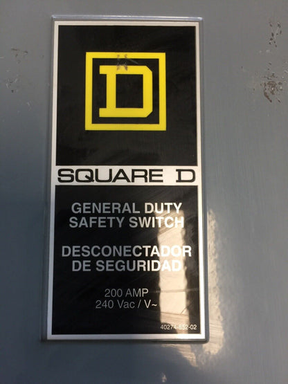 SQUARE D D324N FUSIBLE SAFETY SWITCH SERIES E4 240VAC 200AMP 50HP 3 POLE