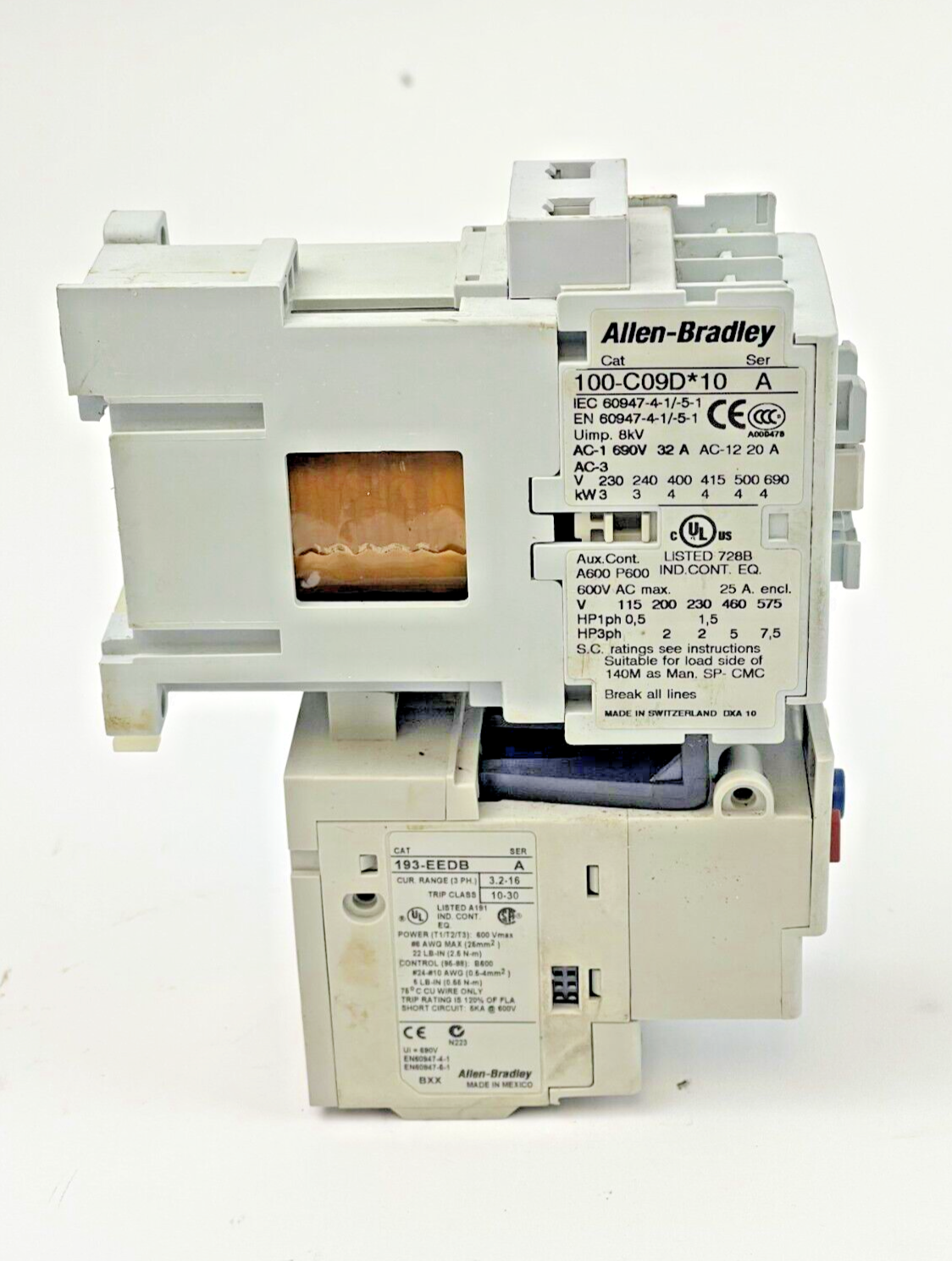 ALLEN-BRADLEY 100-C09D*10 SER. A CONTACTOR W 24VDC COIL & 193-EEDB SER. A RELAY