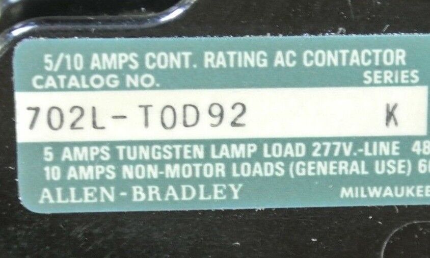 ALLEN-BRADLEY 702L-TOD92 AC LIGHTING CONTACTOR 120V, 10A, 2-POLE - NEW SURPLUS