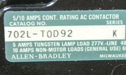 ALLEN-BRADLEY 702L-TOD92 AC LIGHTING CONTACTOR 120V, 10A, 2-POLE - NEW SURPLUS