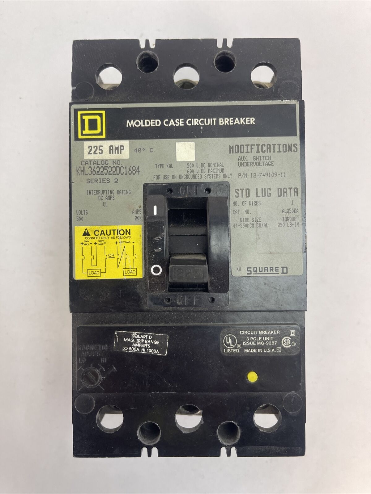 SQUARE D KHL3622522DC1684 MOLDED CASE CIRCUIT BREAKER 225AMP 600VDC 3POLE SER 2